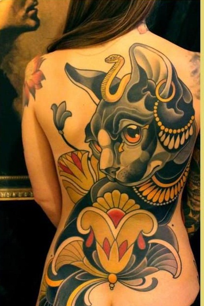 Girl Back Body Colorful Egyptian Tattoo