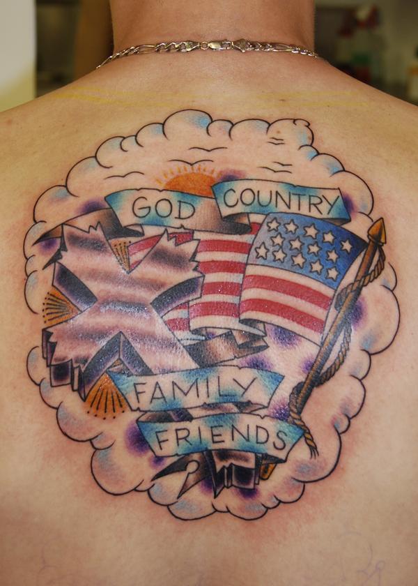God Country Family Friends Tattoo On Upper Back