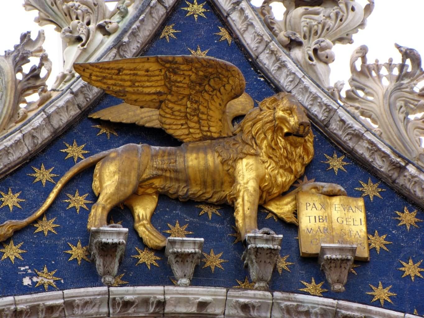 Golden Angel Lion Sculpture On The Top Of St Mark's Basilica