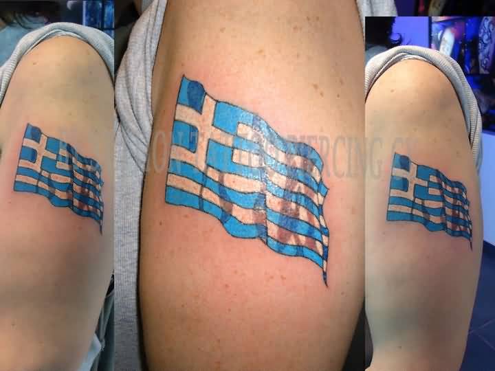 Greece International Flag Tattoo On Left Bicep