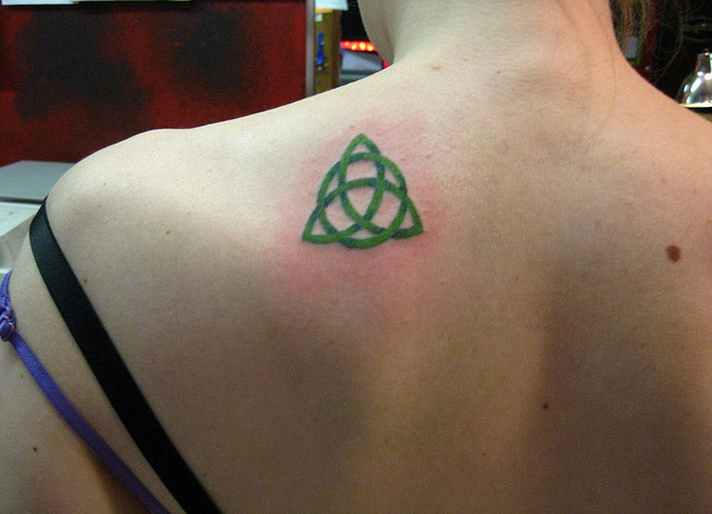 Green Celtic Knot Irish Tattoo On Left Back Shoulder