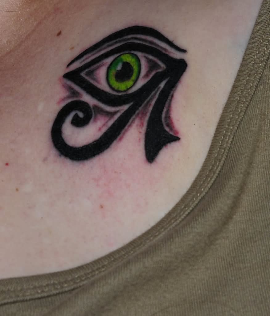 Green Eye Egyptian Tattoo On Collarbone