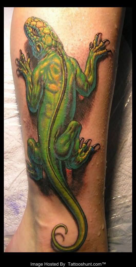 Green Ink 3D Lizard Tattoo Design For Leg