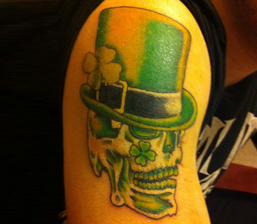 Green Ink Irish Skull With Hat Tattoo On Shoulder