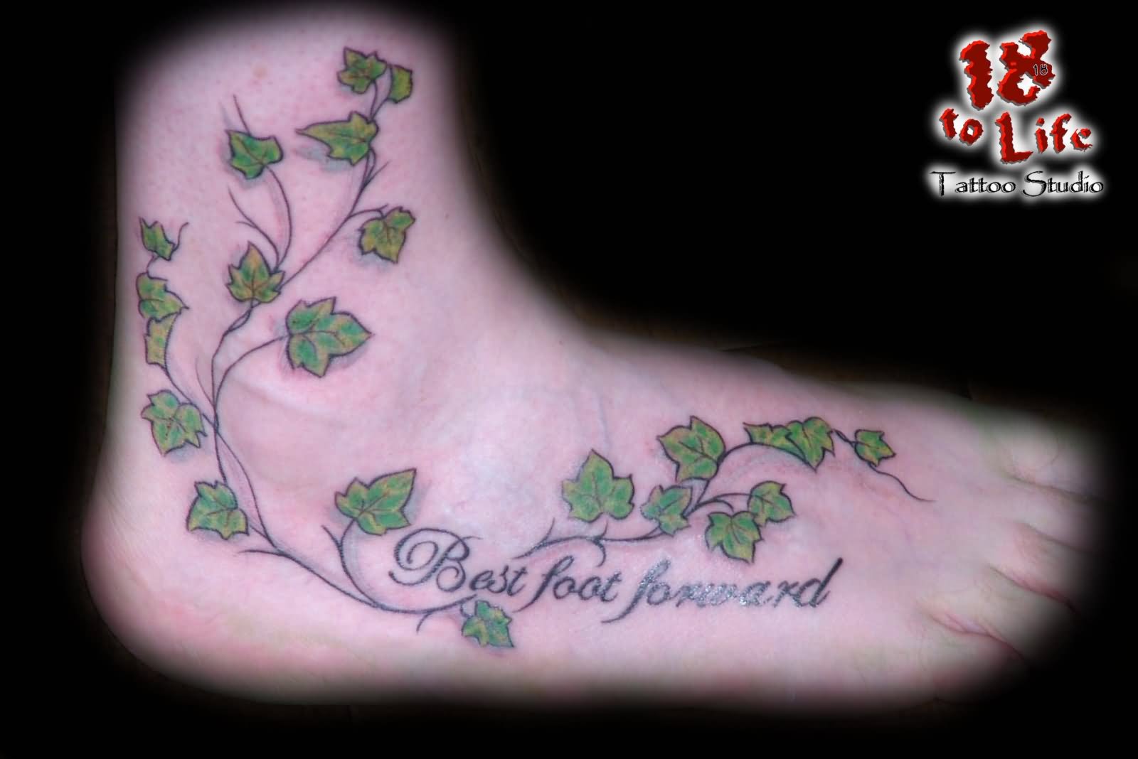 Green Ivy Vine Tattoo On Foot.