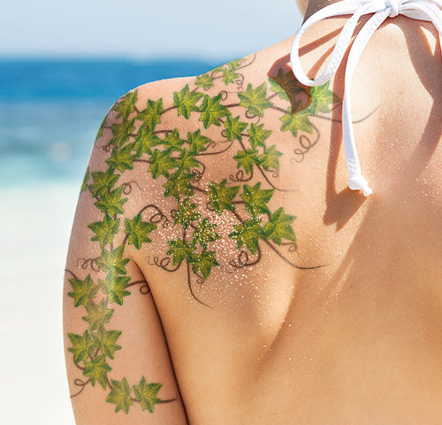 Green Ivy Vine Tattoo On Left Back Shoulder