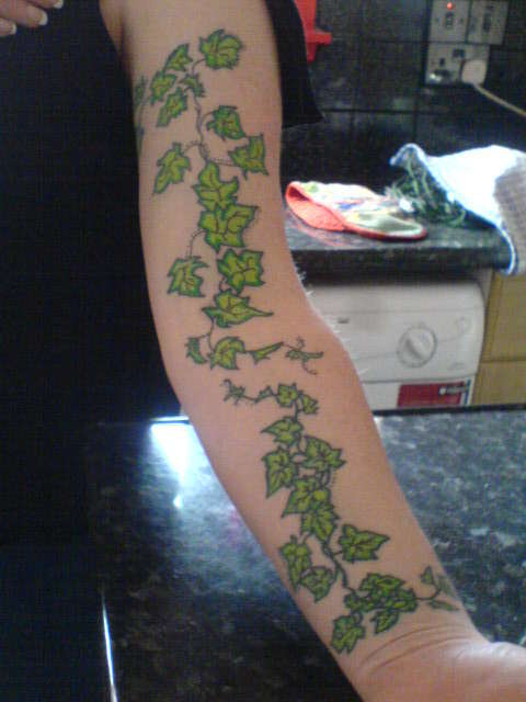 Green Ivy Vine Tattoo On Left Full Sleeve
