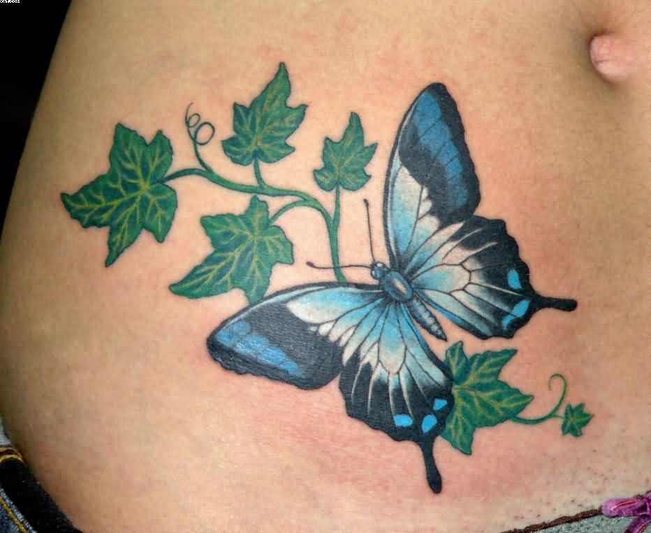 Green Ivy Vine With Butterfly Tattoo Design For Waist