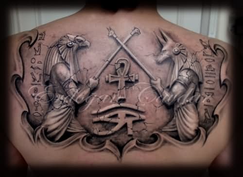 Grey Egyptian Tattoos On Upper Back