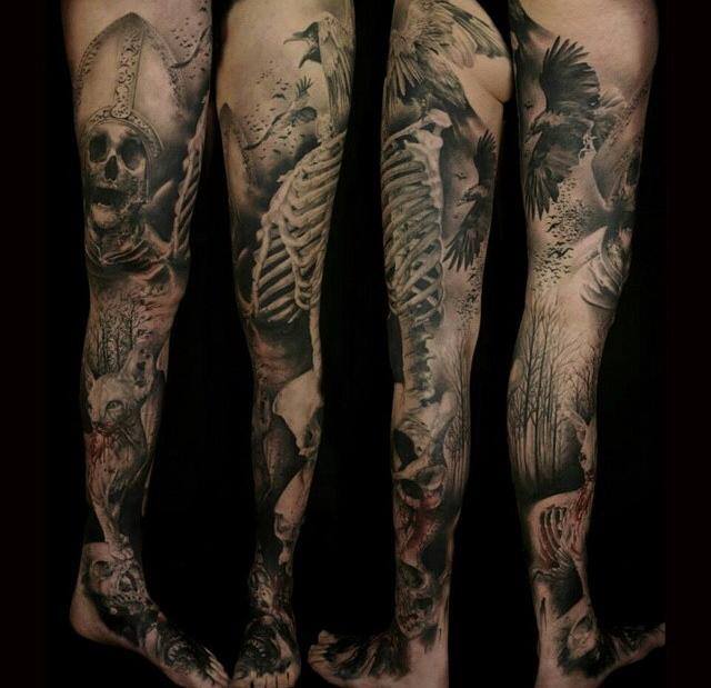 Grey Ink 3D Skeleton Tattoo On Full Leg