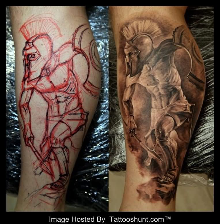 Grey Ink 3D Warrior Tattoo On Leg