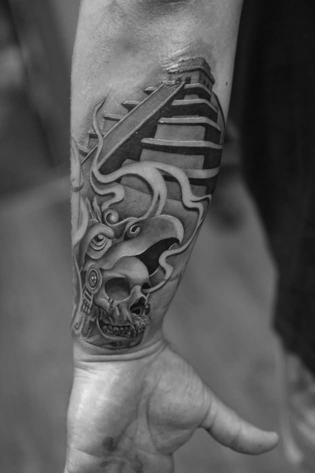 Grey Ink Aztec Pyramid With Skull Tattoo On Forearm