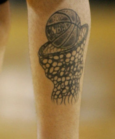 Grey Ink Basket Ball Sports Tattoo On Leg