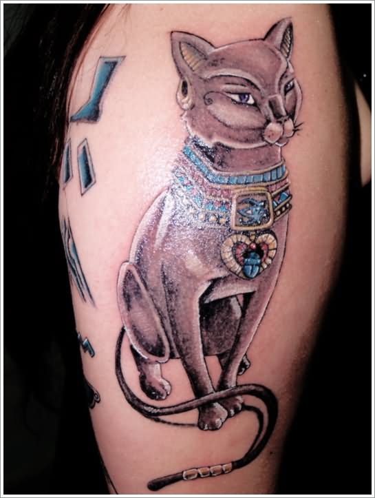Grey Ink Bastet Egyptian Tattoo On Shoulder