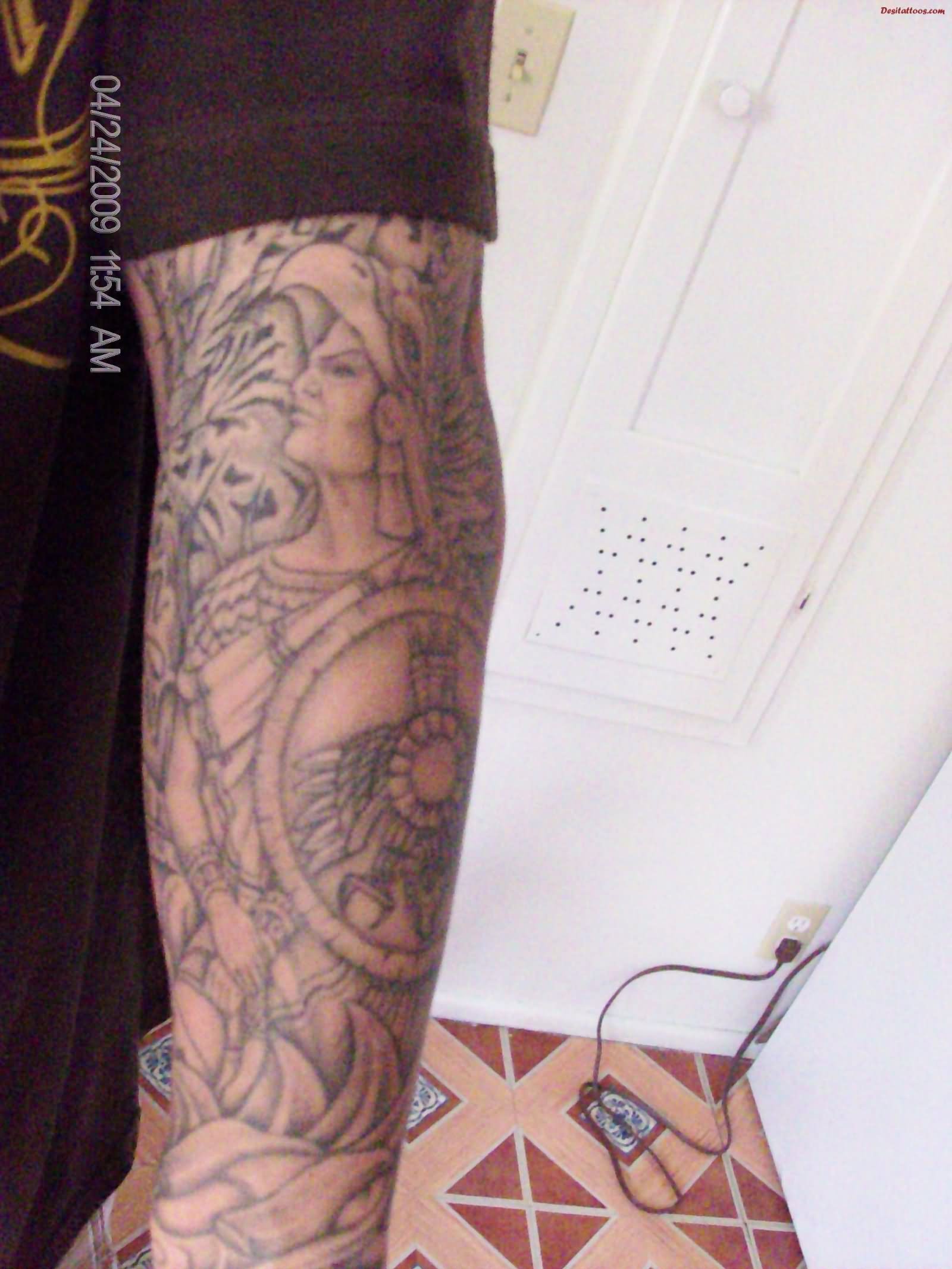 Grey Ink Cinema Tattoo On Left Sleeve