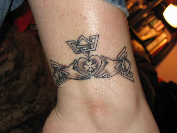 Grey Ink Claddagh Homemade Tattoo On Ankle
