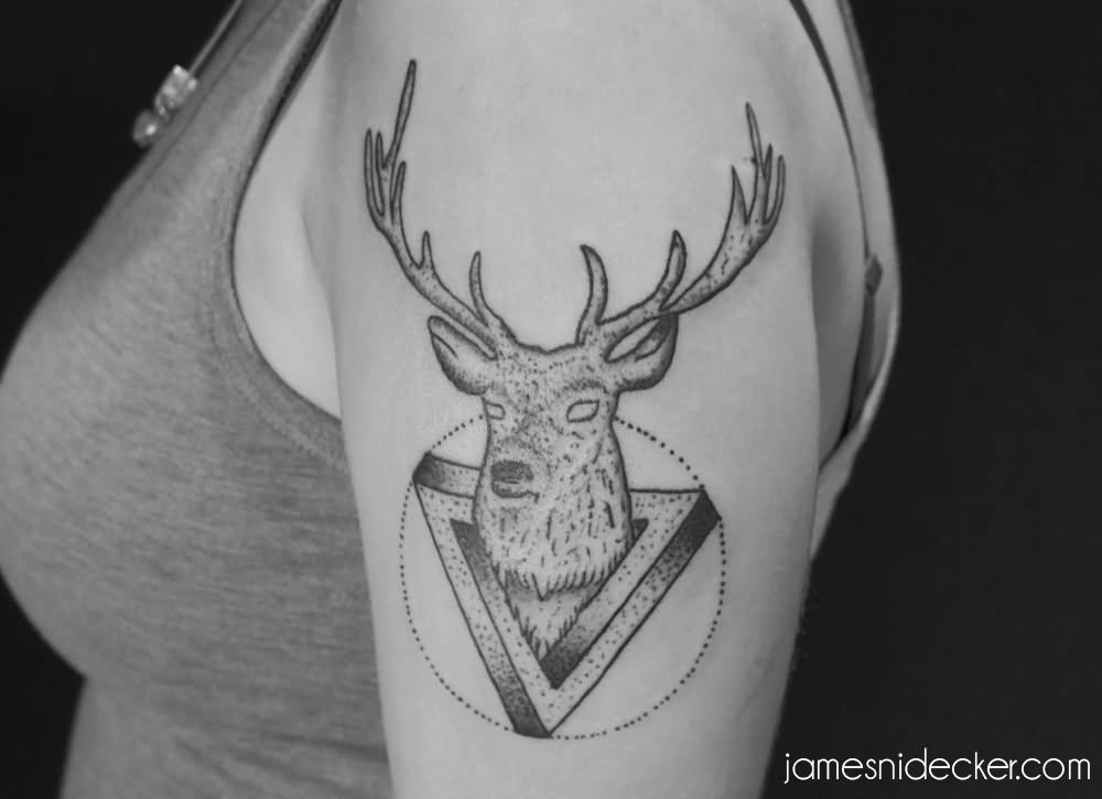 Grey Ink Deer Head In Triangle Tattoo On Girl Left Half Sleeve