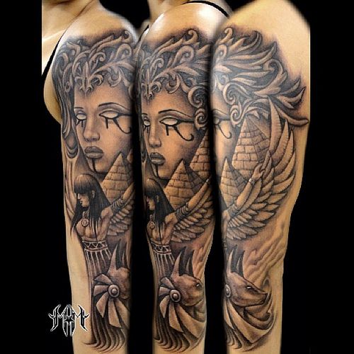 Grey Ink Egyptian Girl Tattoo On Left Sleeve