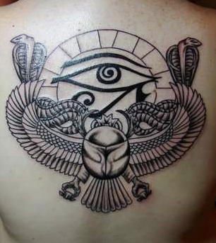 Grey Ink Egyptian Tattoo On Back Body