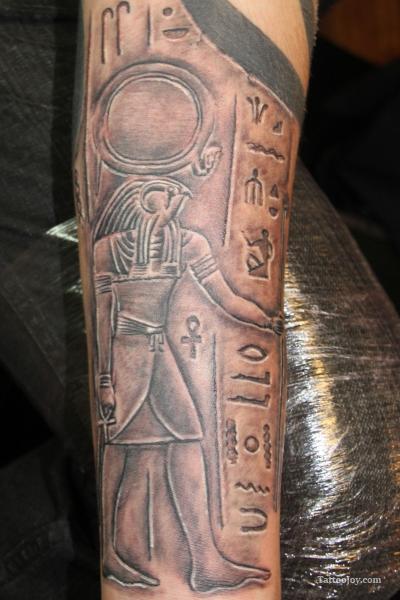 Grey Ink Egyptian Tattoo On Full Sleeve