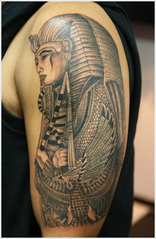 Grey Ink Egyptian Tattoo On Left Half Sleeve