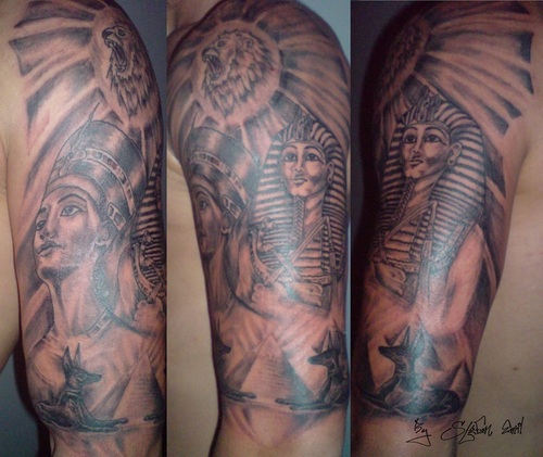 Grey Ink Egyptian Tattoo On Man Left Half Sleeve