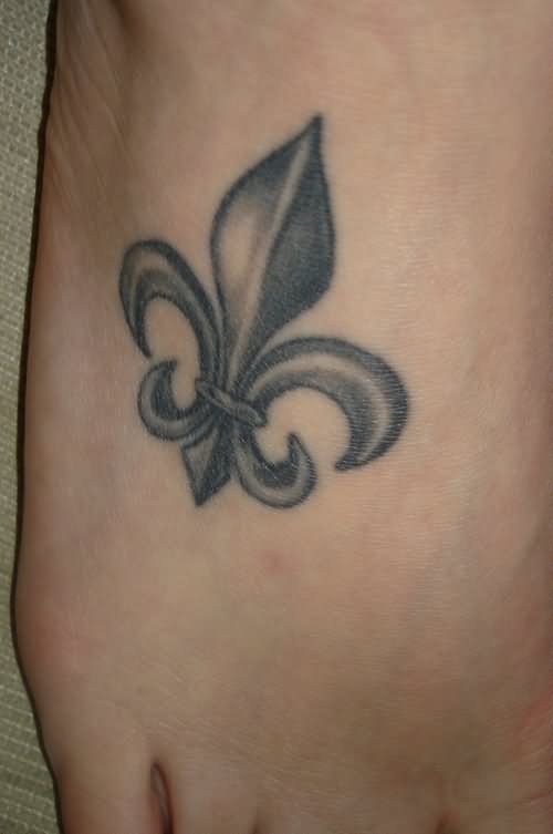 Grey Ink Fleur De Lis Tattoo On Girl Right Foot