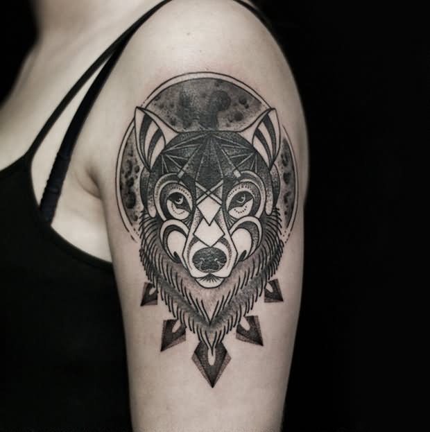 Grey Ink Fox Head Irish Tattoo On Left Shoulder