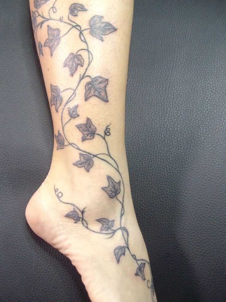 Grey Ink Ivy Vine Tattoo On Foot