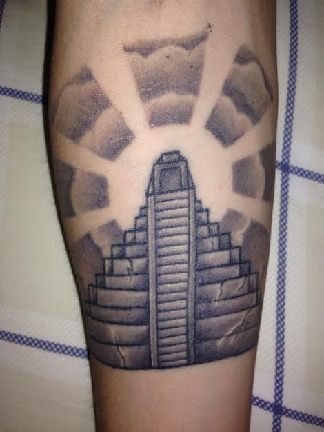 Grey Ink Mayan Pyramid Tattoo Design For Forearm