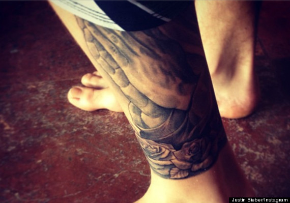 Grey Ink Praying Hands Tattoo Design For Leg