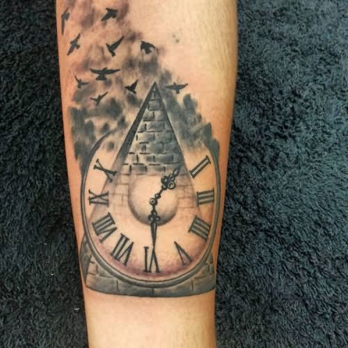 Grey Ink Pyramid Clock Tattoo Design For Forearm
