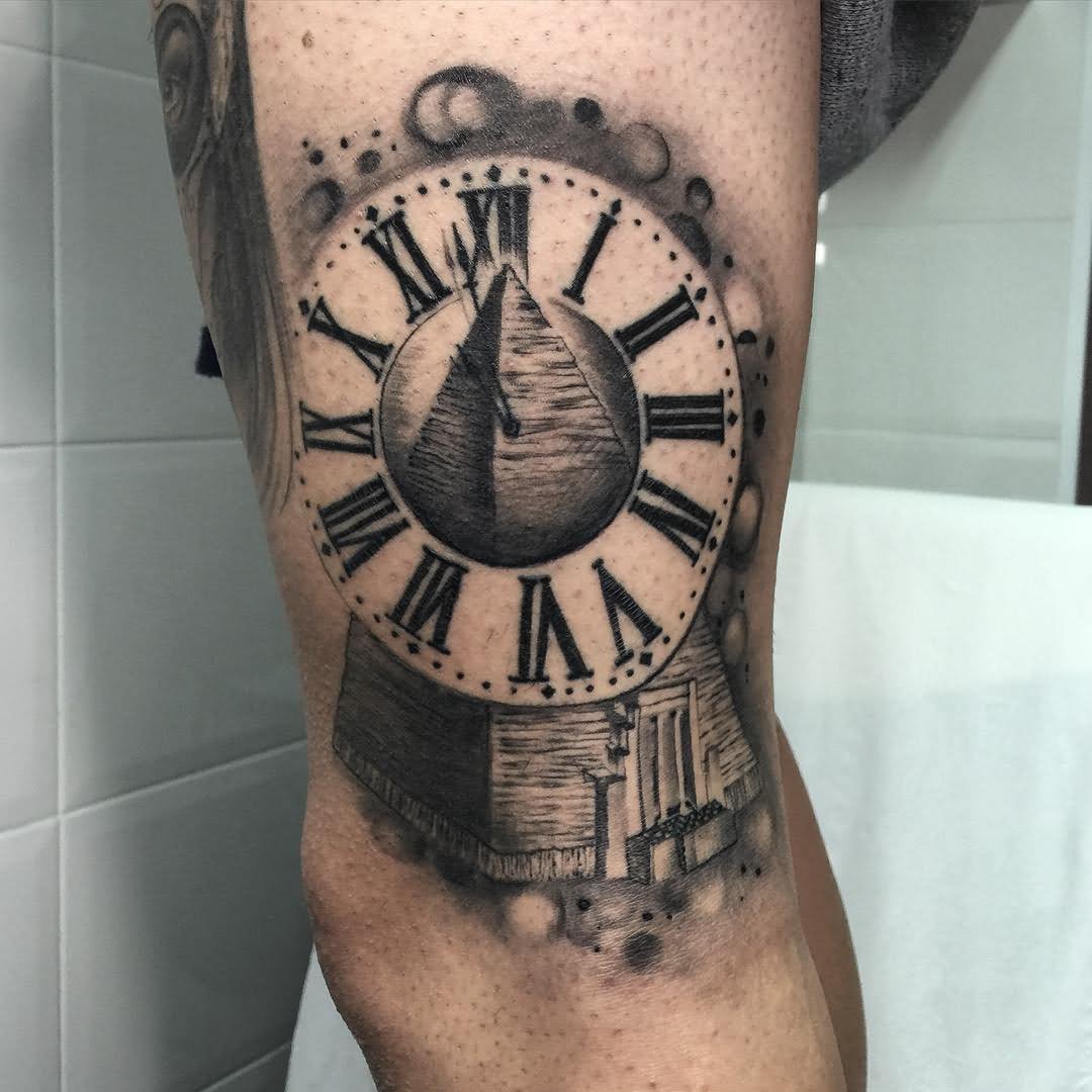 Grey Ink Pyramid With Clock Tattoo Design For Half Sleeve