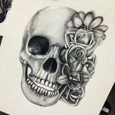 Grey Ink Skull With Flowers Tattoo Design
