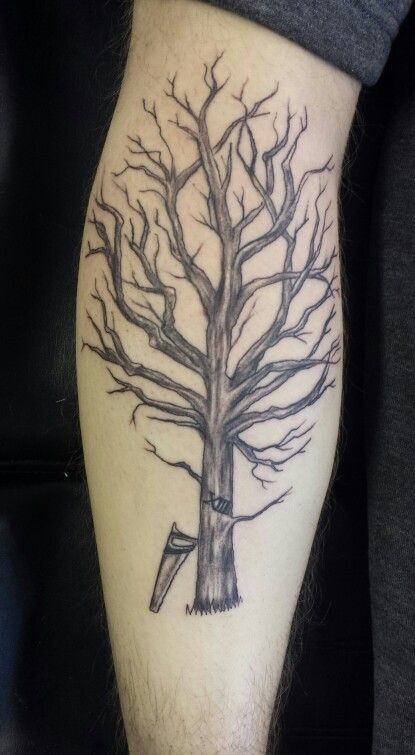 Grey Ink Tree Without Leaves Tattoo Design For Leg