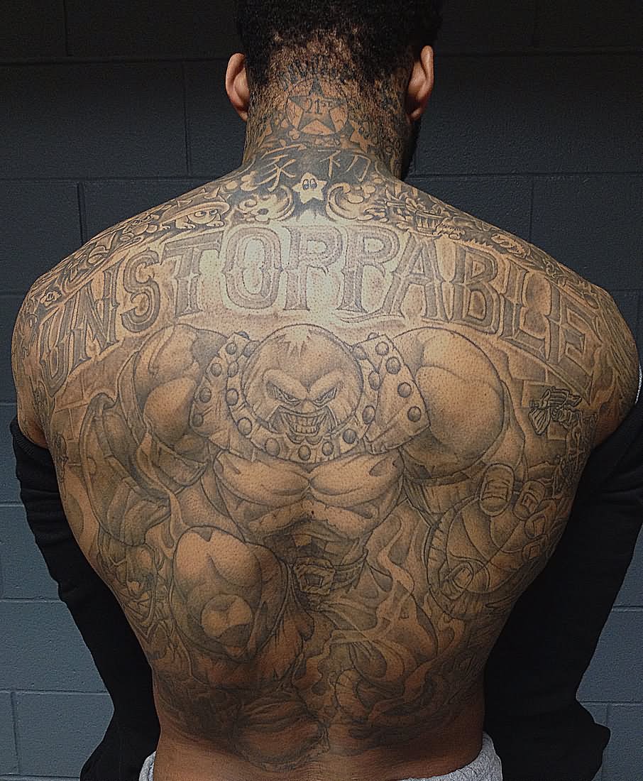 Grey Ink Video Game Tattoo On Man Full Back