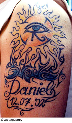 Horus Eye Egyptian Tattoo On Left Half Sleeve
