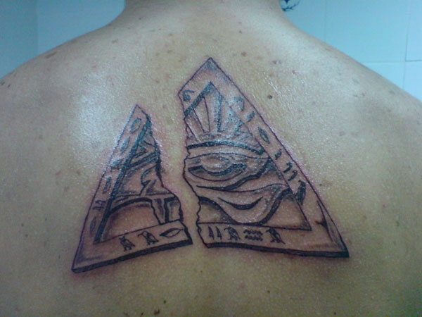 Horus Eye In Broken Triangle Egyptian Tattoo On Upper Back