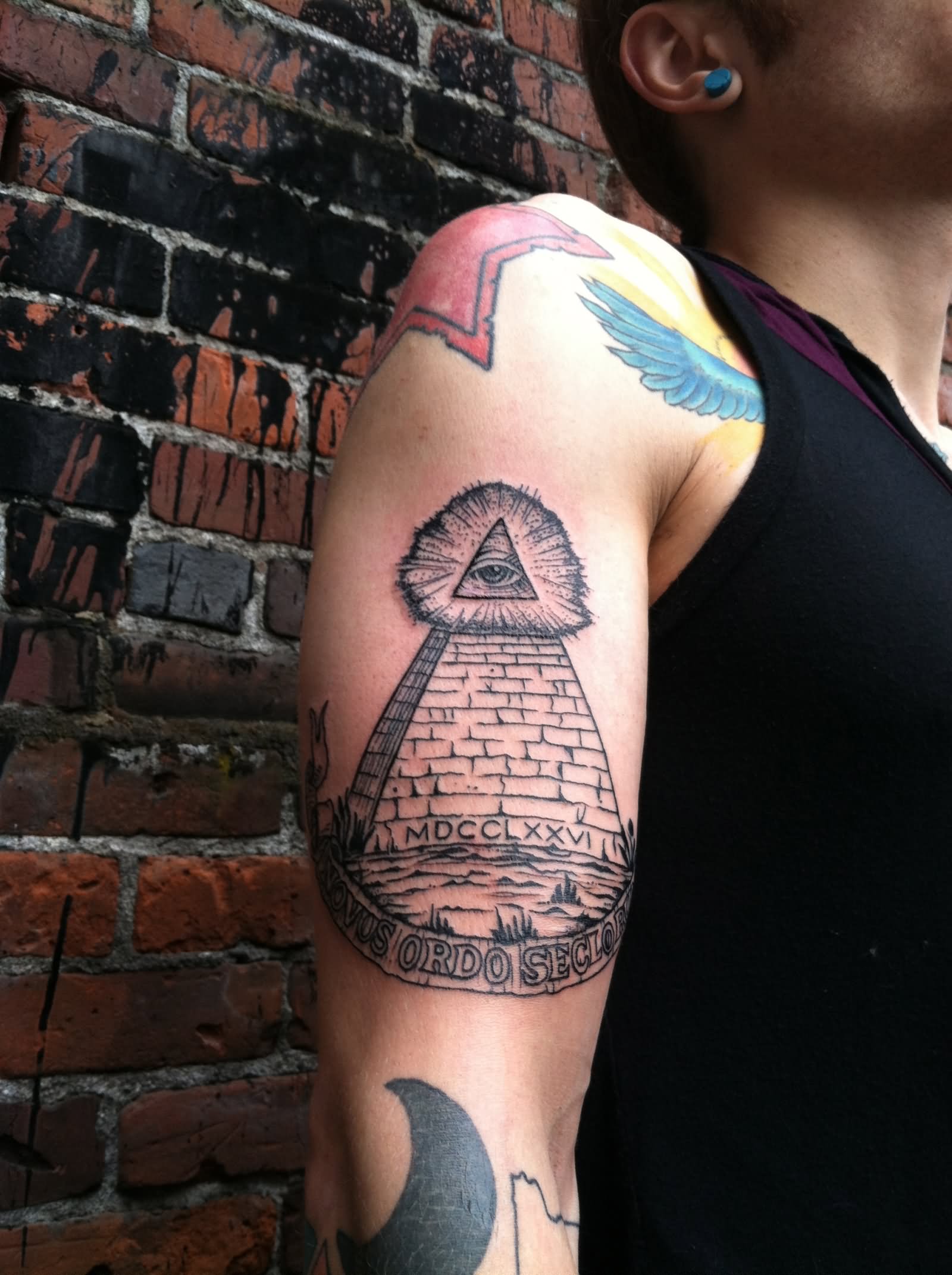 Illuminati Eye Pyramid With Banner Tattoo On Man Right Half Sleeve