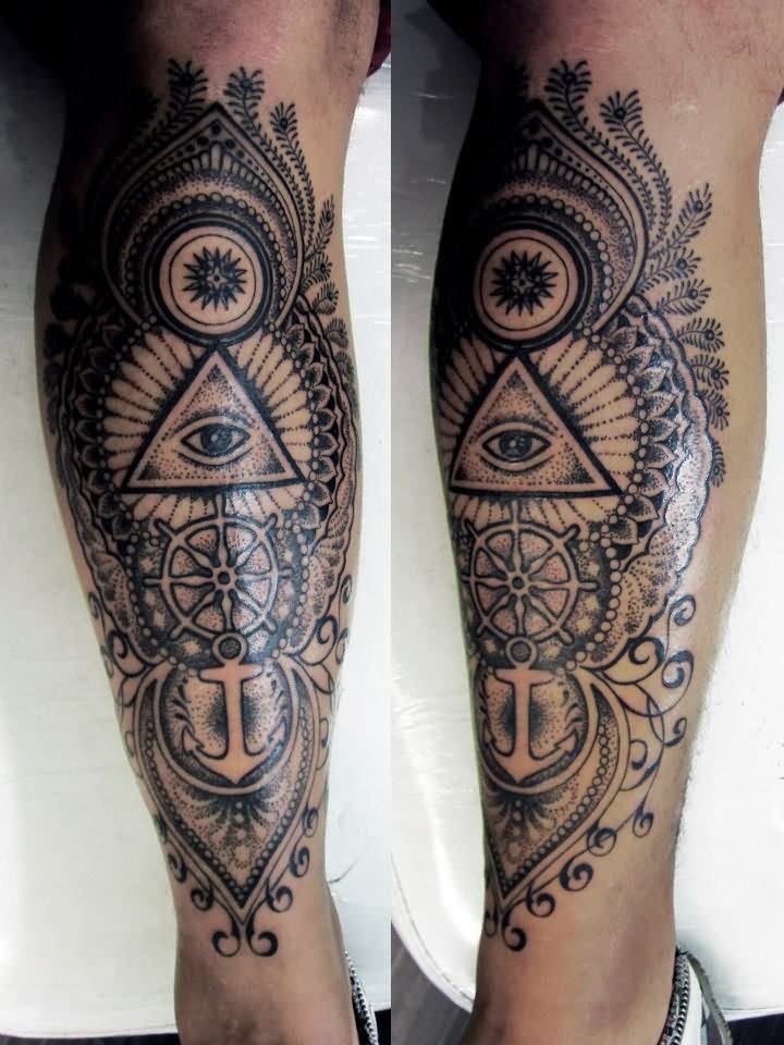 Illuminati Eye With Wheel With Anchor Tattoo Design For Leg