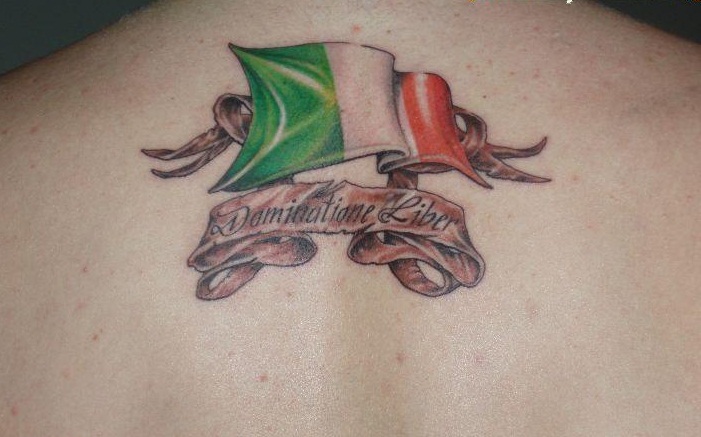 Irish Flag Tattoo On Man Upper Back