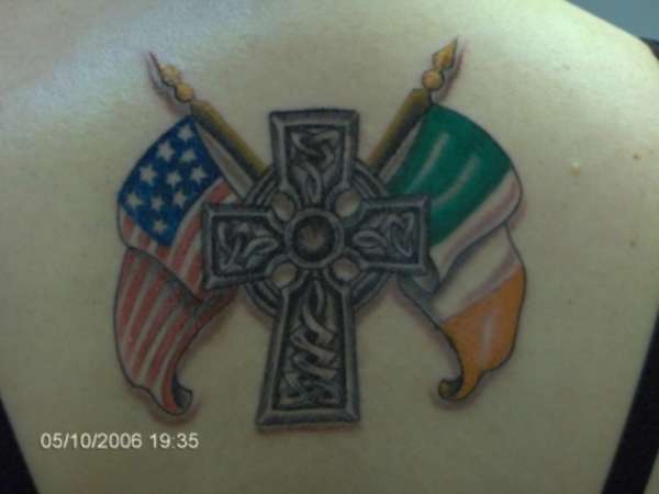 Irish Flag Tattoo With Cross On Right Back Shoulder