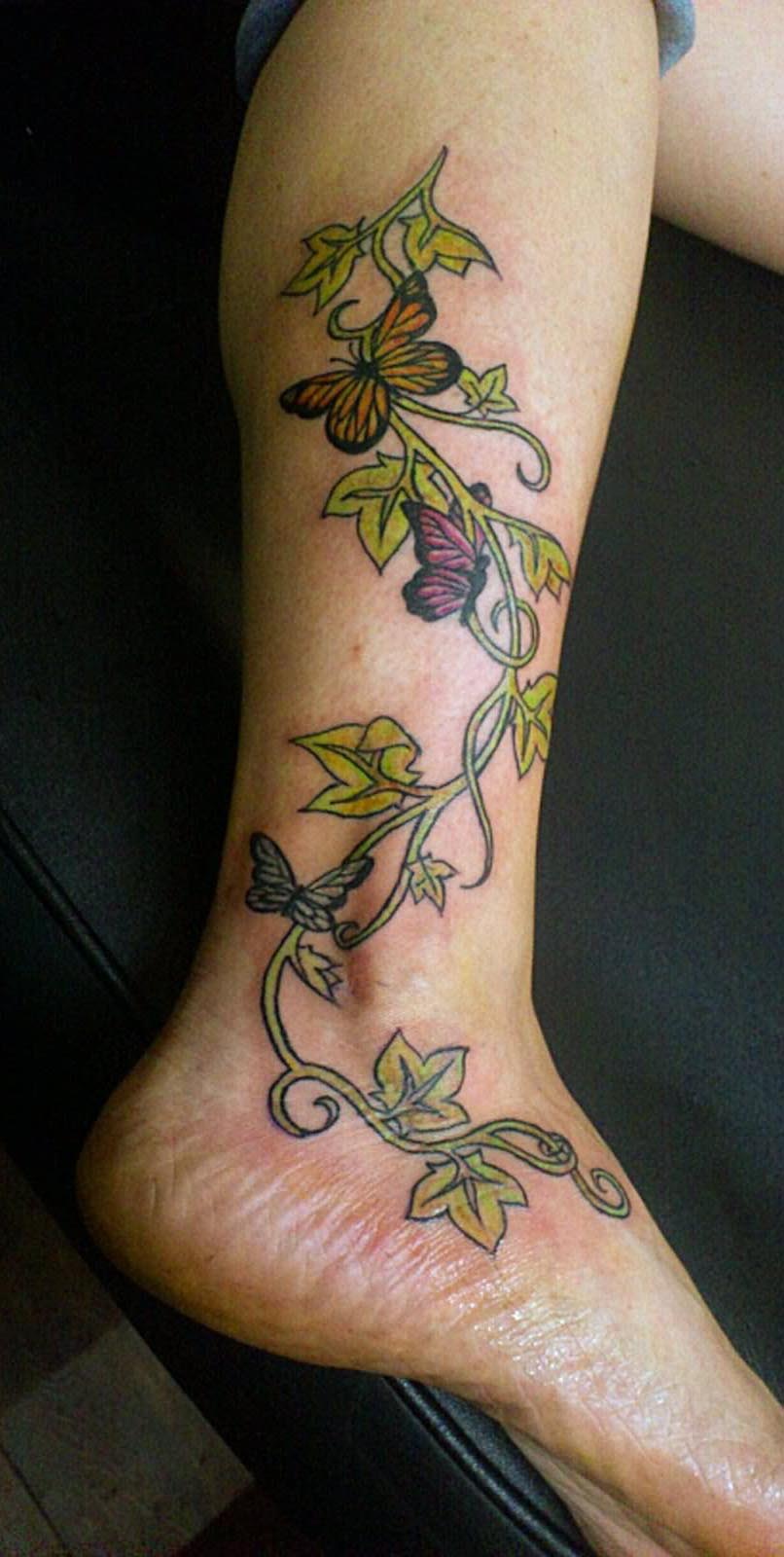 Ivy Vine With Butterflies Tattoo On Right Leg.