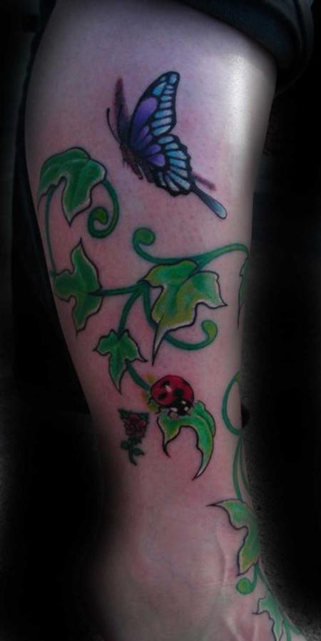 Ivy Vine With Butterfly Tattoo On Leg
