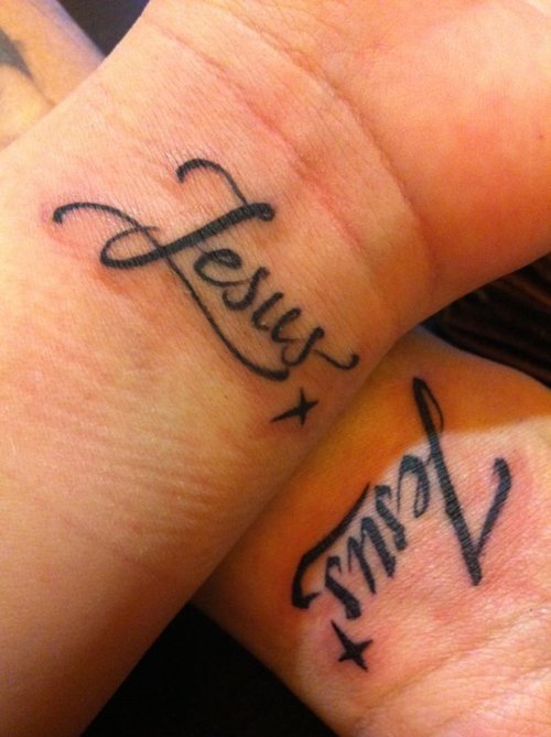 Jesus Word Tattoo On Couple Wrist