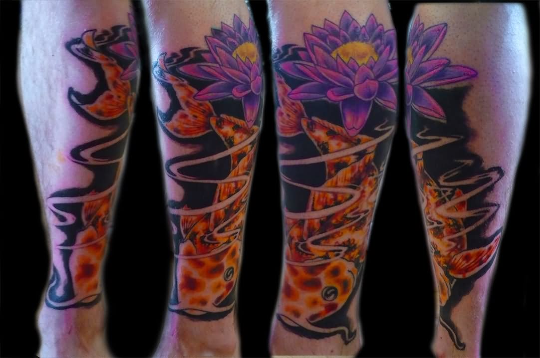 Koi Fish With Flowers Tattoo On Leg