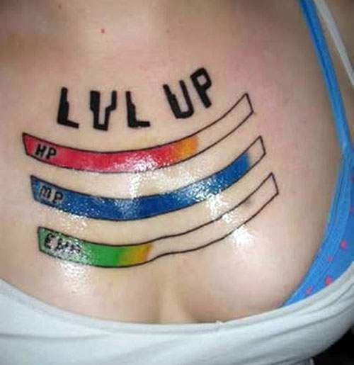 Level Up Video Game Tattoo On Chest