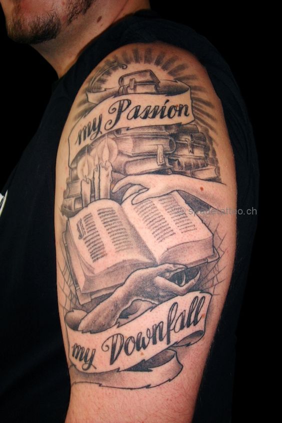 Literary Book With Banner Tattoo On Man Left Half Sleeve