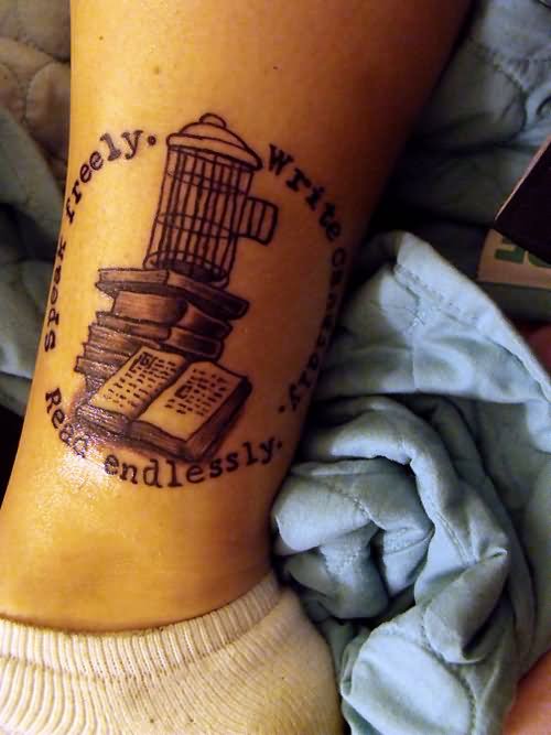 Literary Books With Cage Tattoo Design For Leg
