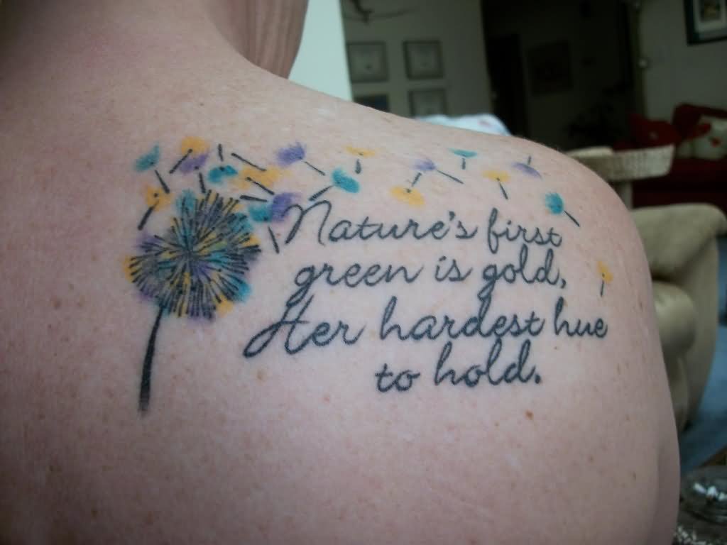 Literary From Book With Dandelion Tattoo On Right Back Shoulder